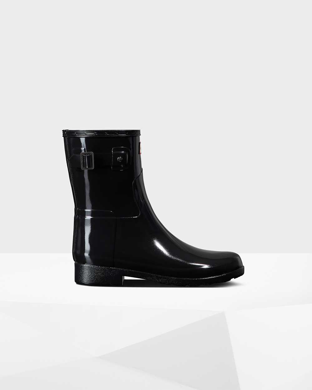 Womens Hunter Refined Slim Fit Short Gloss Mid-Calf Rain Boots Black | LPEFOU-579